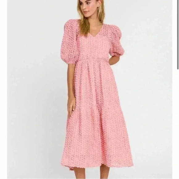 La’Ven Pink Rose Print Puff Shoulder Midi Dress Size M- B08 - Picture 2 of 12